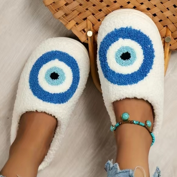 Soft & Cozy Boho Brand New Lucky Evil Eye of Protection Plush Sherpa Slippers - Picture 6 of 15